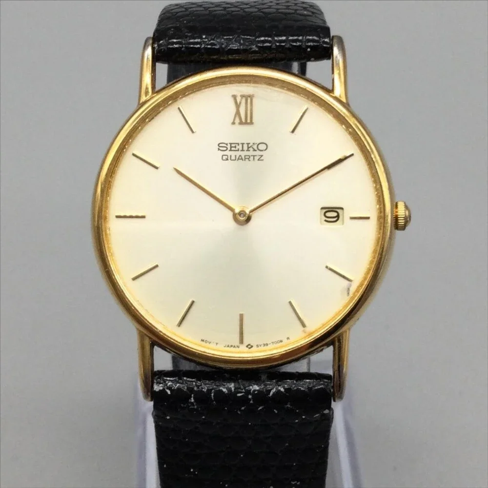 Vintage Seiko 5Y39-7010 Mens Watch 31mm Cream Dial Black Leather Not Running
